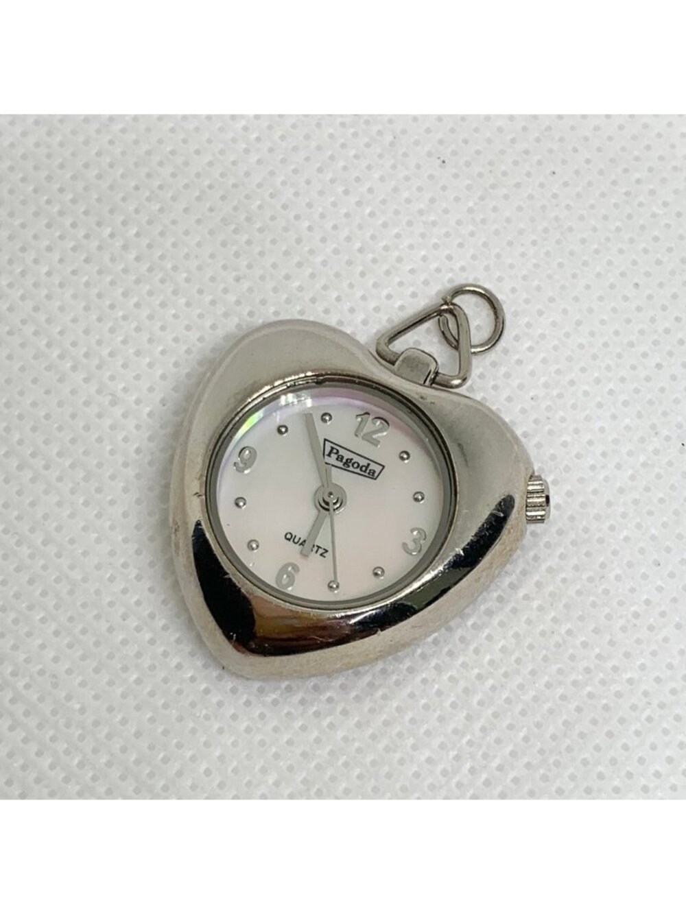 Pagoda silver tone heart pendant pocket watch Mop dial quartz 25mm running